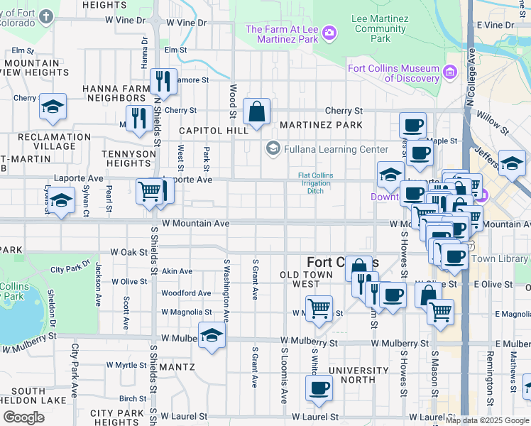 map of restaurants, bars, coffee shops, grocery stores, and more near 711 West Mountain Avenue in Fort Collins