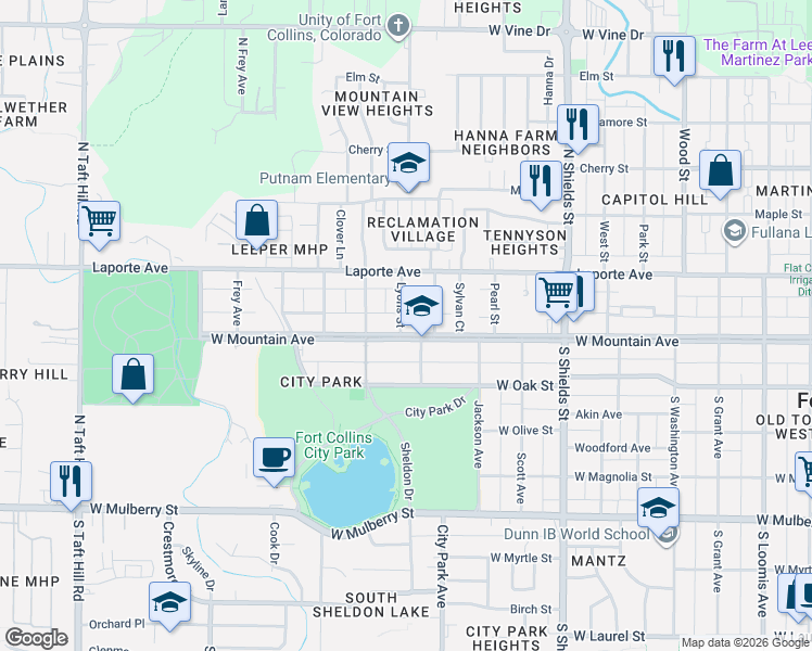 map of restaurants, bars, coffee shops, grocery stores, and more near 1405 West Mountain Avenue in Fort Collins