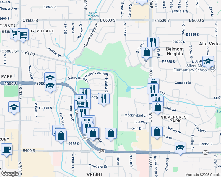 map of restaurants, bars, coffee shops, grocery stores, and more near 9047 Heights Drive in Sandy