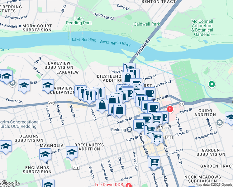 map of restaurants, bars, coffee shops, grocery stores, and more near 1600-1698 Eureka Way in Redding