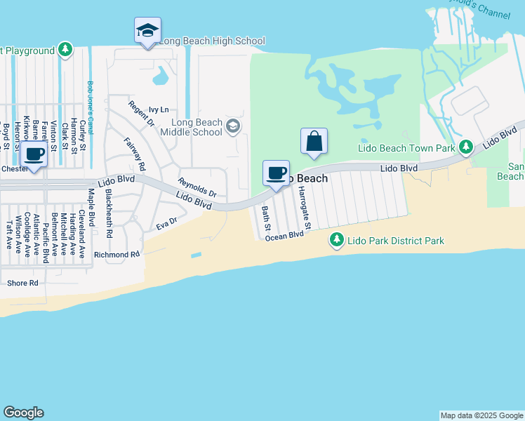 map of restaurants, bars, coffee shops, grocery stores, and more near 38 Bath Street in Lido Beach