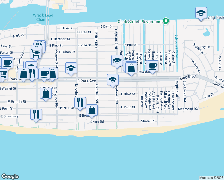 map of restaurants, bars, coffee shops, grocery stores, and more near 217 Neptune Boulevard in Long Beach