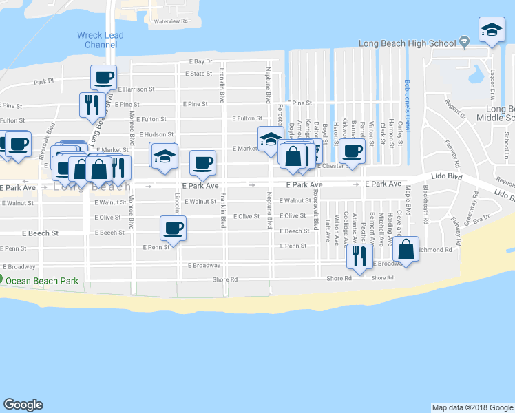 map of restaurants, bars, coffee shops, grocery stores, and more near 217 Neptune Boulevard in Long Beach