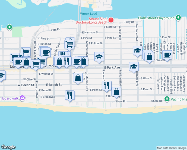 map of restaurants, bars, coffee shops, grocery stores, and more near 321 East Olive Street in Long Beach