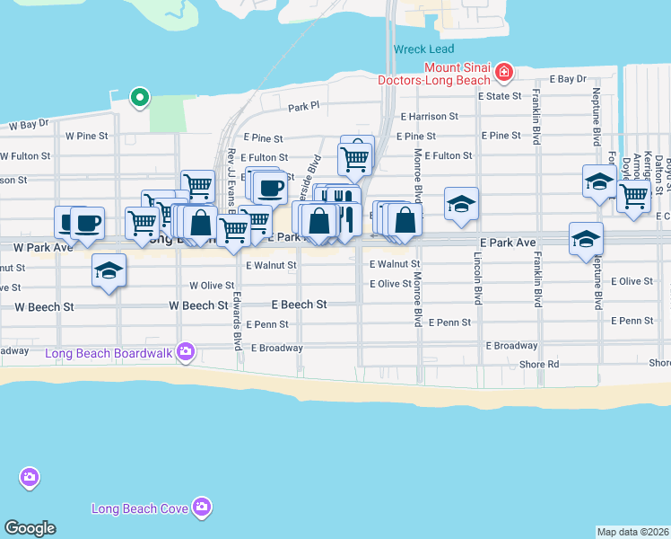map of restaurants, bars, coffee shops, grocery stores, and more near 169 East Olive Street in Long Beach