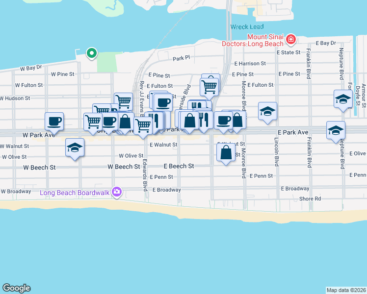 map of restaurants, bars, coffee shops, grocery stores, and more near 115 East Olive Street in Long Beach