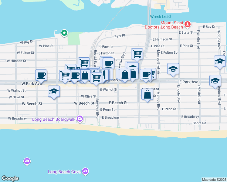 map of restaurants, bars, coffee shops, grocery stores, and more near 59 East Olive Street in Long Beach