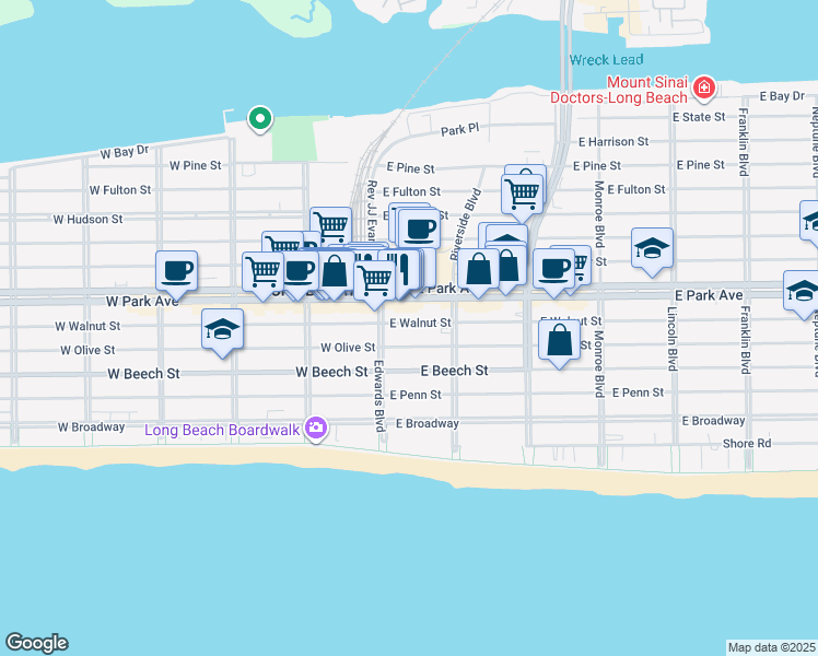 map of restaurants, bars, coffee shops, grocery stores, and more near 1 East Olive Street in Long Beach