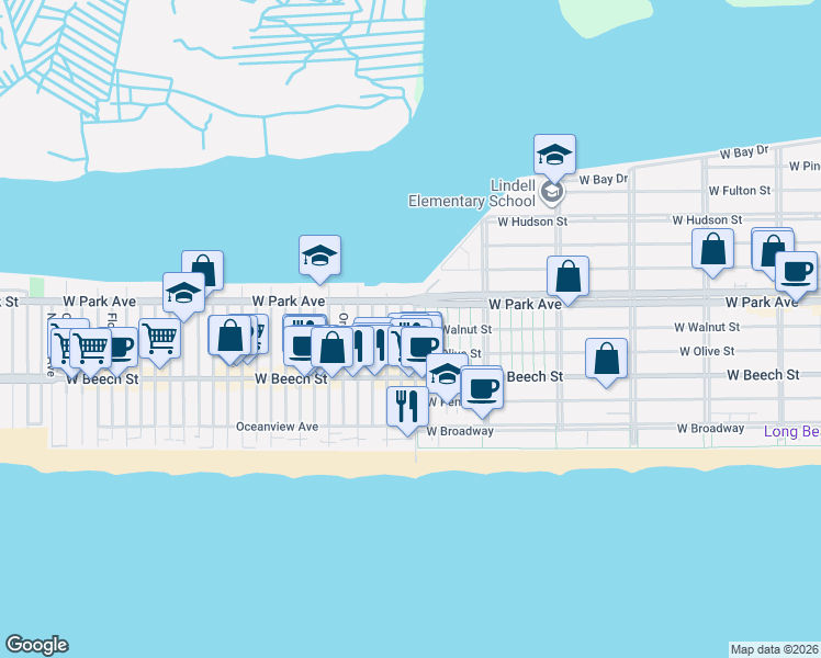 map of restaurants, bars, coffee shops, grocery stores, and more near 75 California Street in Long Beach