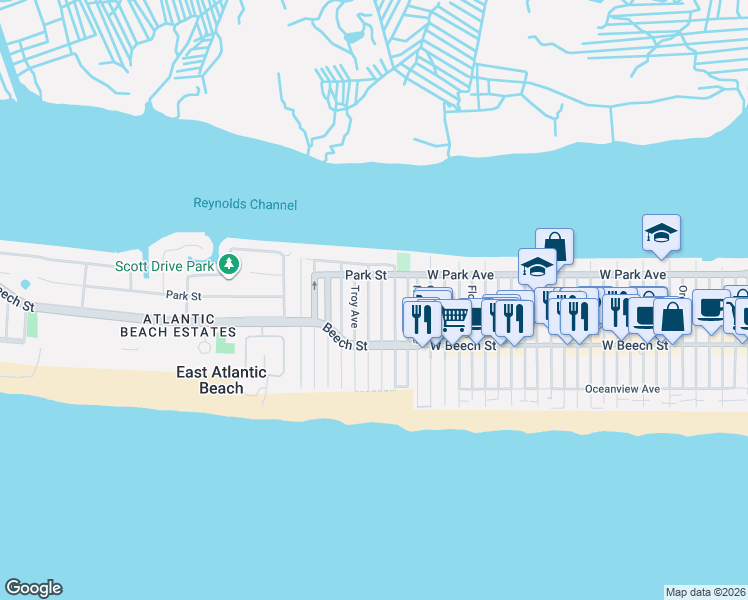 map of restaurants, bars, coffee shops, grocery stores, and more near 74 Rochester Avenue in East Atlantic Beach