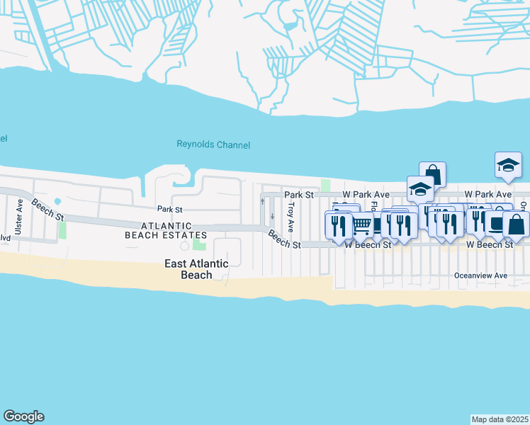map of restaurants, bars, coffee shops, grocery stores, and more near 56 Malone Avenue in East Atlantic Beach