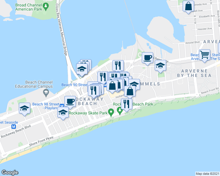 map of restaurants, bars, coffee shops, grocery stores, and more near 88-02 Rockaway Beach Boulevard in Queens