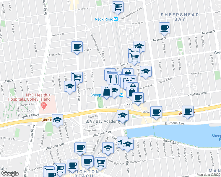 map of restaurants, bars, coffee shops, grocery stores, and more near 2630 East 13th Street in Brooklyn