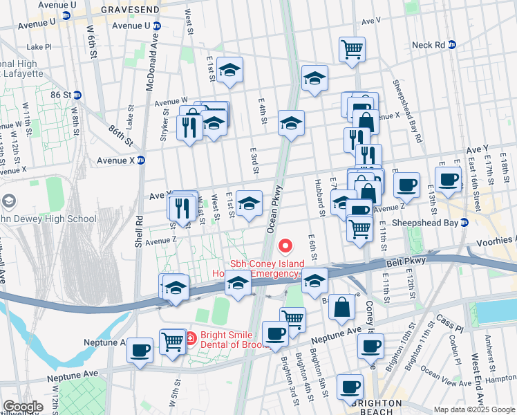 map of restaurants, bars, coffee shops, grocery stores, and more near 2580 Ocean Parkway in Brooklyn