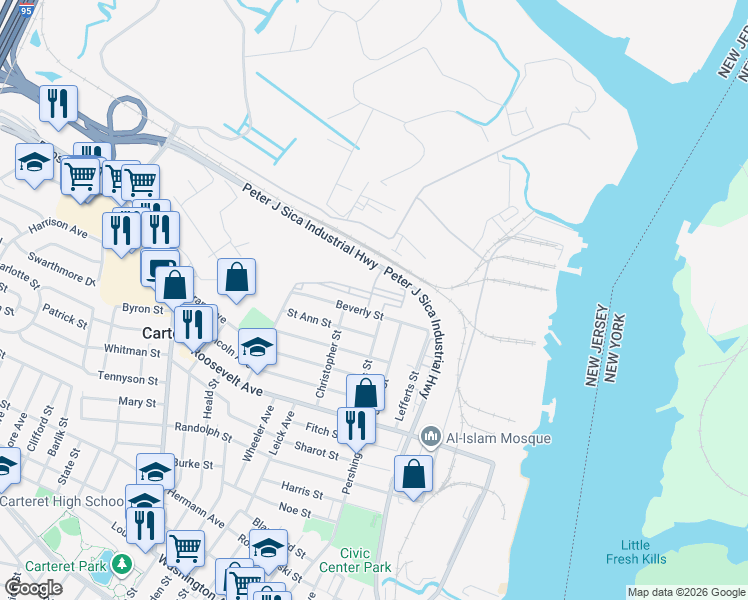 map of restaurants, bars, coffee shops, grocery stores, and more near 4203 Bristol Station Court in Carteret