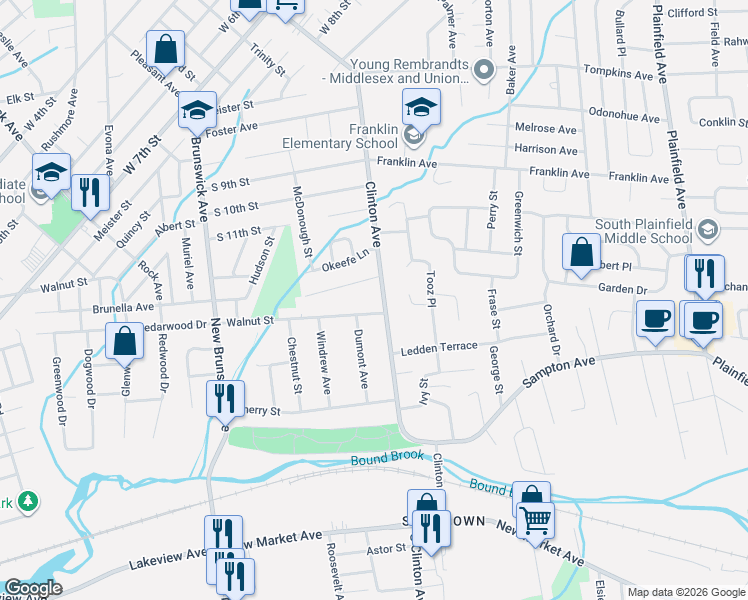 map of restaurants, bars, coffee shops, grocery stores, and more near 1502 Clinton Avenue in South Plainfield