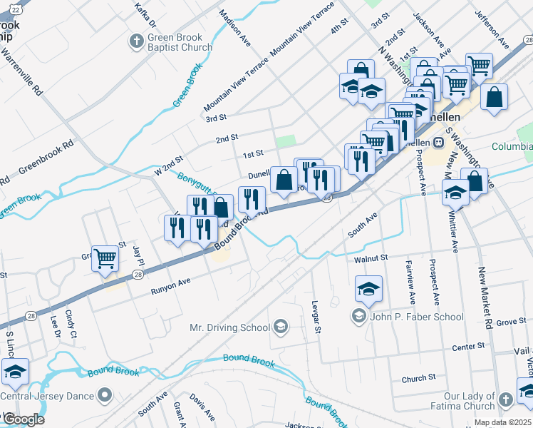 map of restaurants, bars, coffee shops, grocery stores, and more near 733 Bound Brook Road in Dunellen