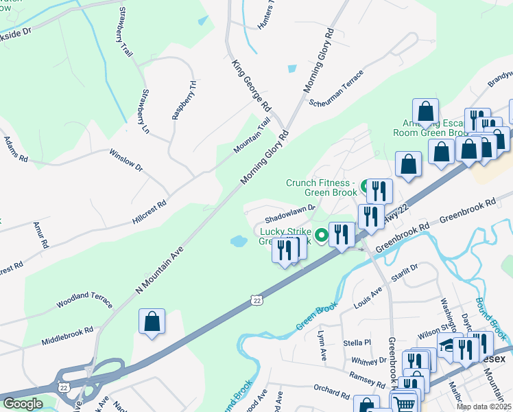 map of restaurants, bars, coffee shops, grocery stores, and more near 117 Wallace Court in Green Brook Township