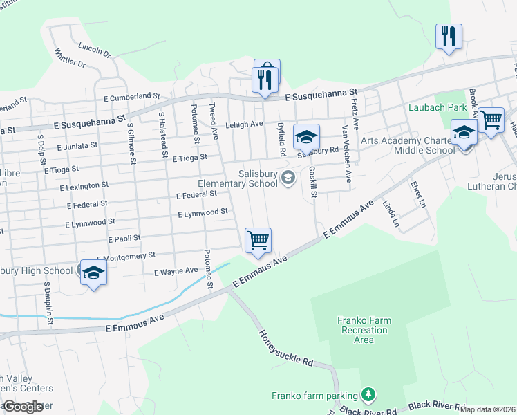 map of restaurants, bars, coffee shops, grocery stores, and more near 1720 Paxford Road in Allentown