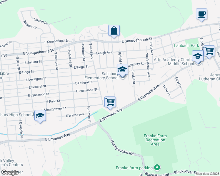 map of restaurants, bars, coffee shops, grocery stores, and more near 1720 Paxford Road in Allentown