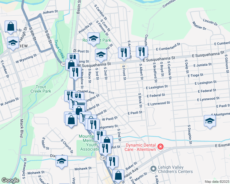 map of restaurants, bars, coffee shops, grocery stores, and more near 141 West Federal Street in Allentown