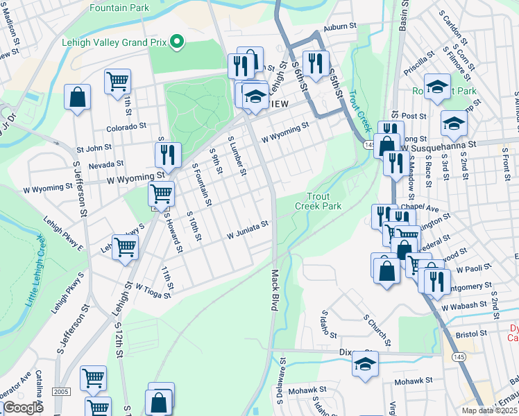 map of restaurants, bars, coffee shops, grocery stores, and more near 1269 South Lumber Street in Allentown