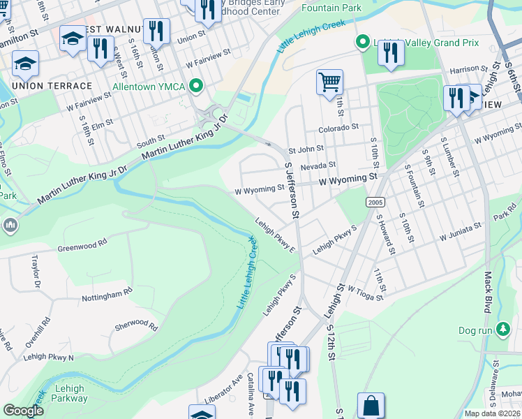 map of restaurants, bars, coffee shops, grocery stores, and more near 1073 Lehigh Parkway East in Allentown