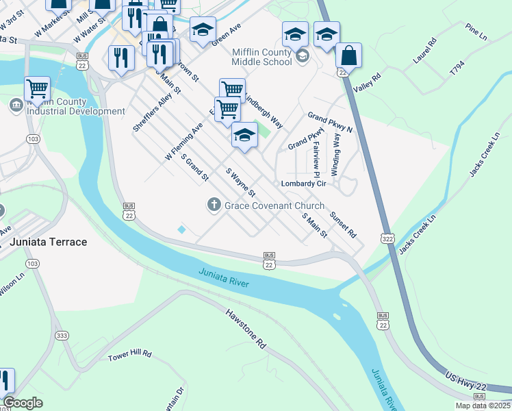 map of restaurants, bars, coffee shops, grocery stores, and more near 712 South Wayne Street in Lewistown