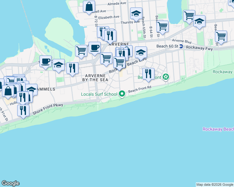 map of restaurants, bars, coffee shops, grocery stores, and more near 6912 Front Road in Queens
