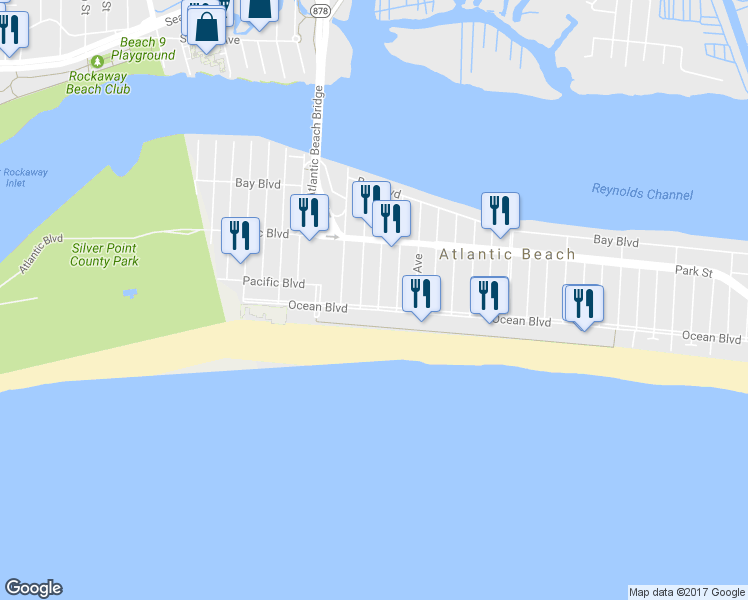 map of restaurants, bars, coffee shops, grocery stores, and more near 1895 Ocean Boulevard in Atlantic Beach