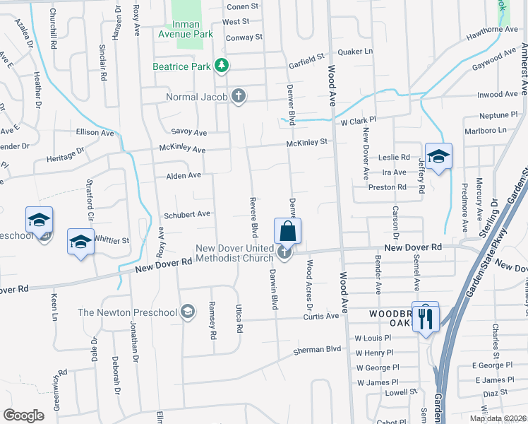 map of restaurants, bars, coffee shops, grocery stores, and more near 18 Revere Boulevard in Edison