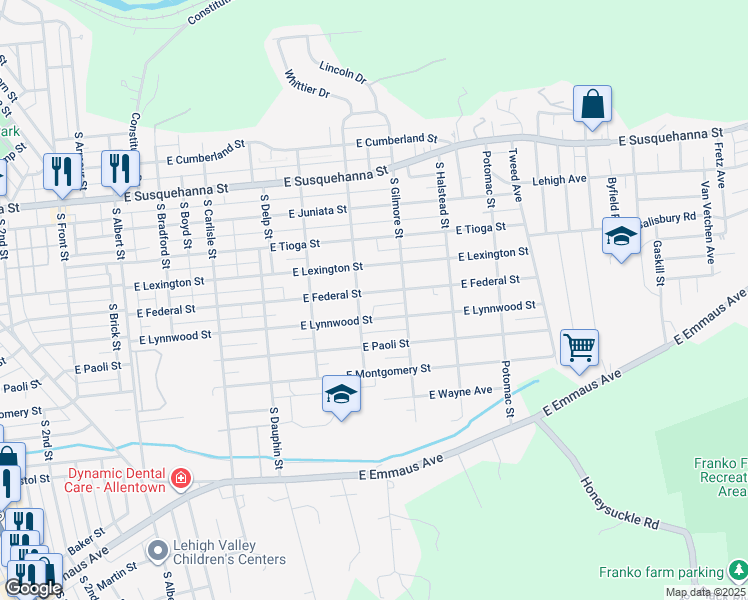 map of restaurants, bars, coffee shops, grocery stores, and more near 618 East Federal Street in Allentown