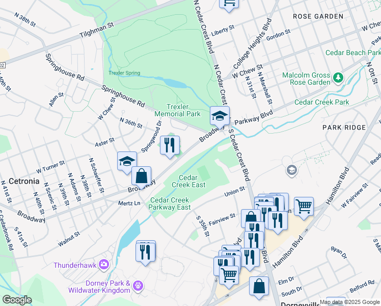 map of restaurants, bars, coffee shops, grocery stores, and more near 3412 Broadway in Allentown