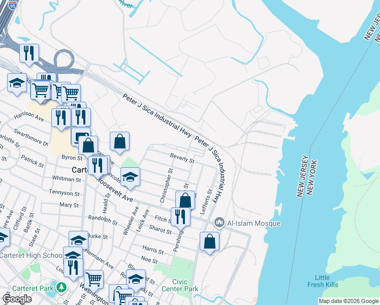 map of restaurants, bars, coffee shops, grocery stores, and more near 4203 Bristol Station Court in Carteret