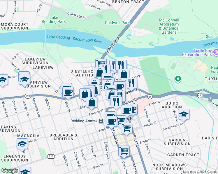 map of restaurants, bars, coffee shops, grocery stores, and more near 1445 California-Market Alley in Redding