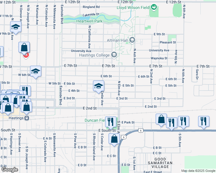 map of restaurants, bars, coffee shops, grocery stores, and more near 501-523 East 4th Street in Hastings