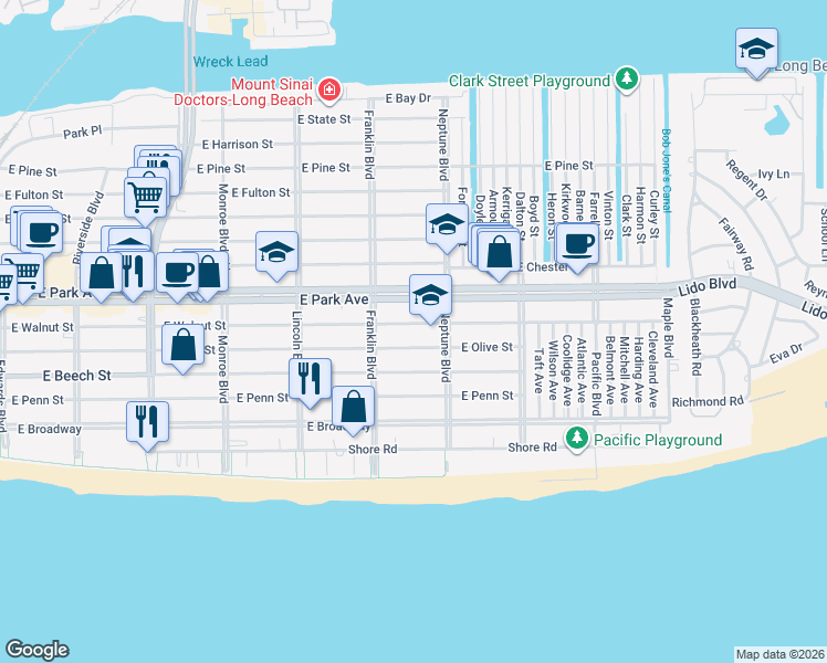 map of restaurants, bars, coffee shops, grocery stores, and more near 544 East Walnut Street in Long Beach