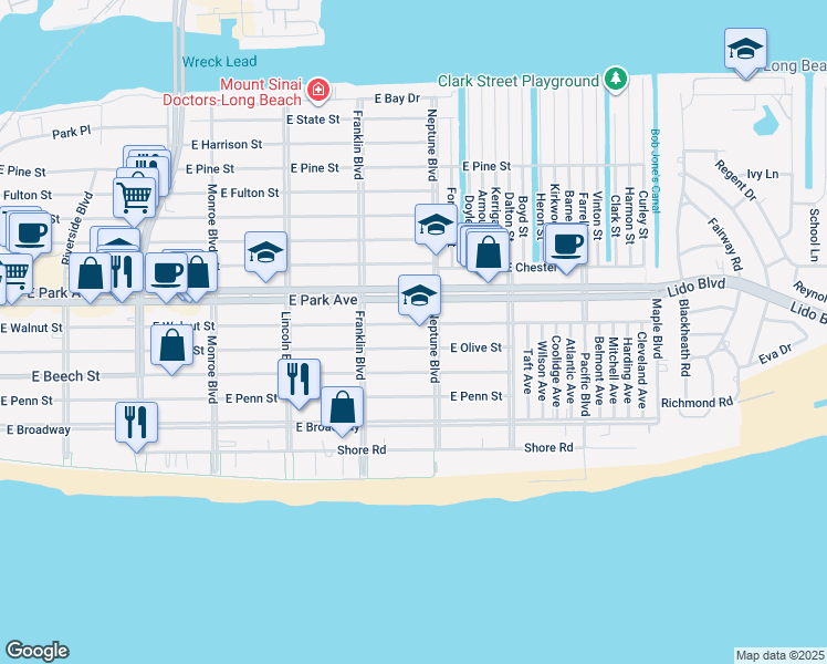 map of restaurants, bars, coffee shops, grocery stores, and more near 558 East Walnut Street in Long Beach