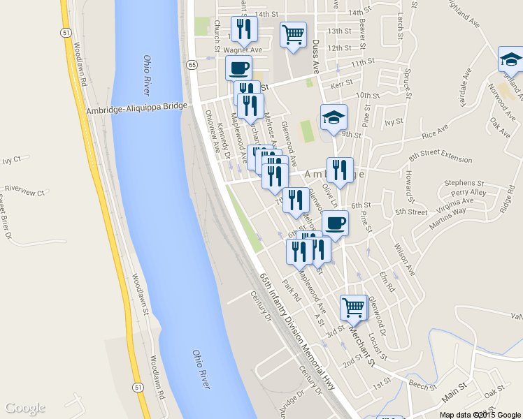 map of restaurants, bars, coffee shops, grocery stores, and more near 701 Maplewood Avenue in Ambridge