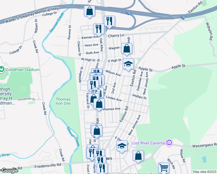 map of restaurants, bars, coffee shops, grocery stores, and more near 1243 1st Avenue in Hellertown