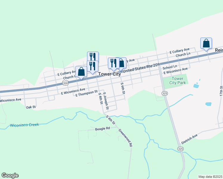 map of restaurants, bars, coffee shops, grocery stores, and more near 124 South 5th Street in Tower City