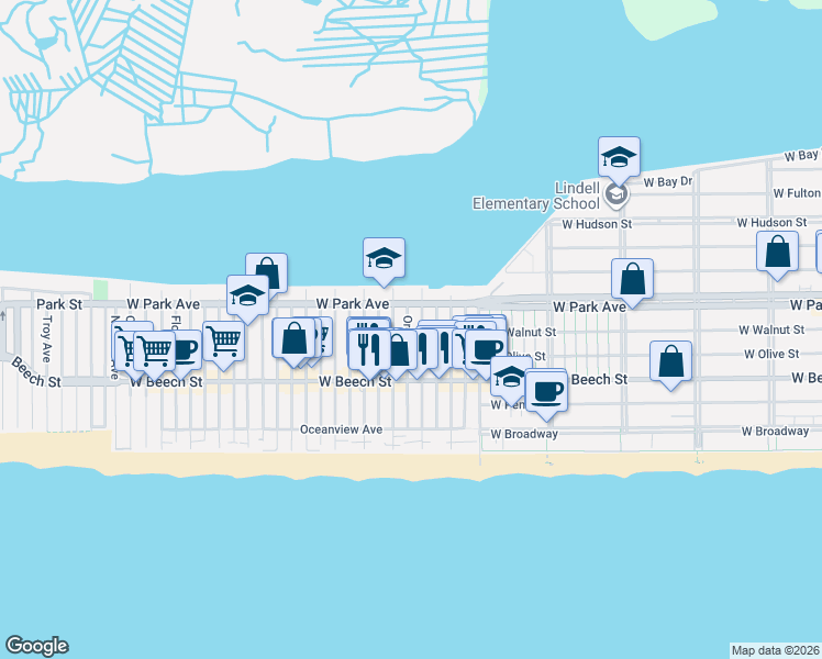 map of restaurants, bars, coffee shops, grocery stores, and more near 78 Arizona Avenue in Long Beach