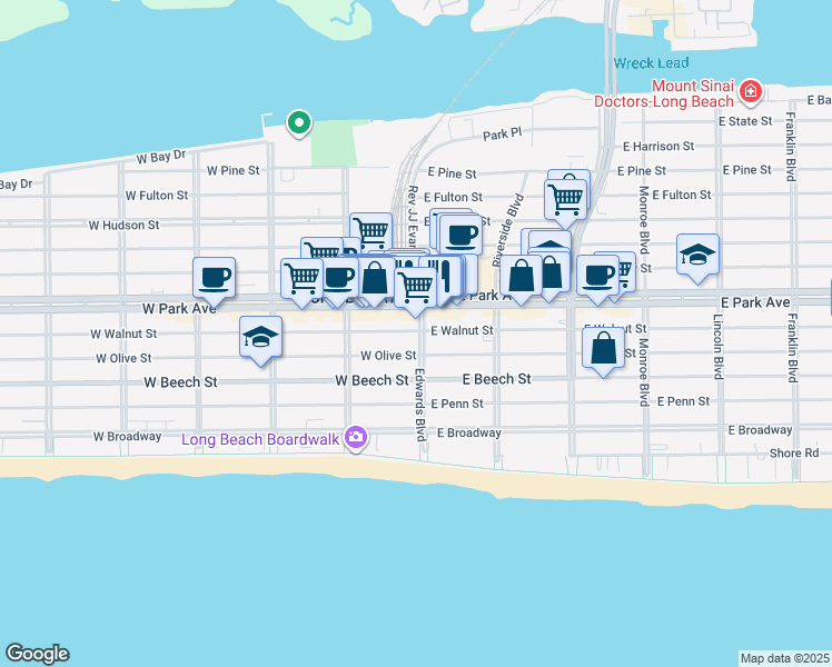 map of restaurants, bars, coffee shops, grocery stores, and more near 1 East Olive Street in Long Beach