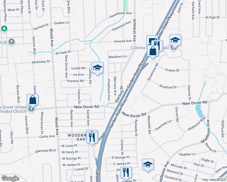 map of restaurants, bars, coffee shops, grocery stores, and more near 31 Mercury Avenue in Woodbridge Township