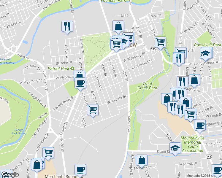 map of restaurants, bars, coffee shops, grocery stores, and more near 1207 South 9th Street in Allentown