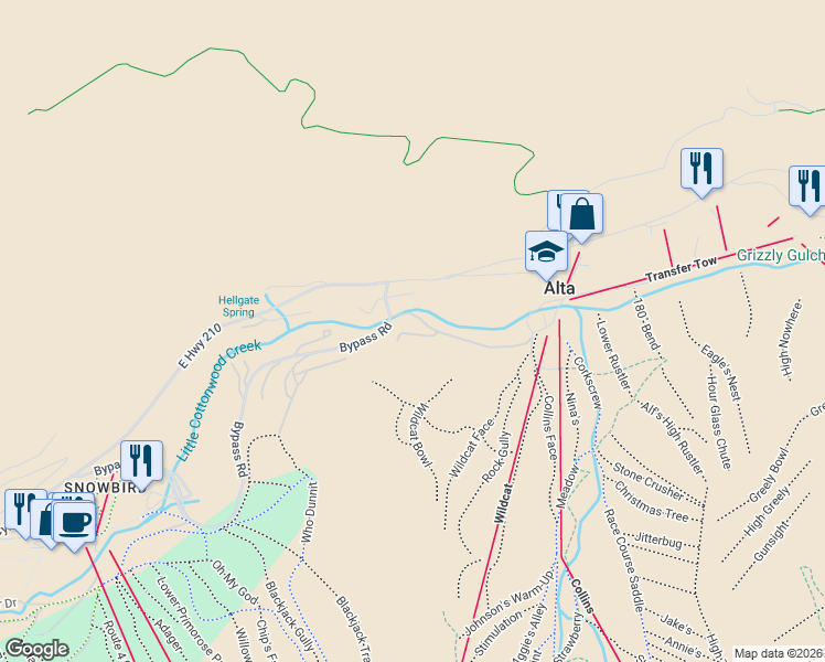 map of restaurants, bars, coffee shops, grocery stores, and more near 9938 Powder Run Road in Alta