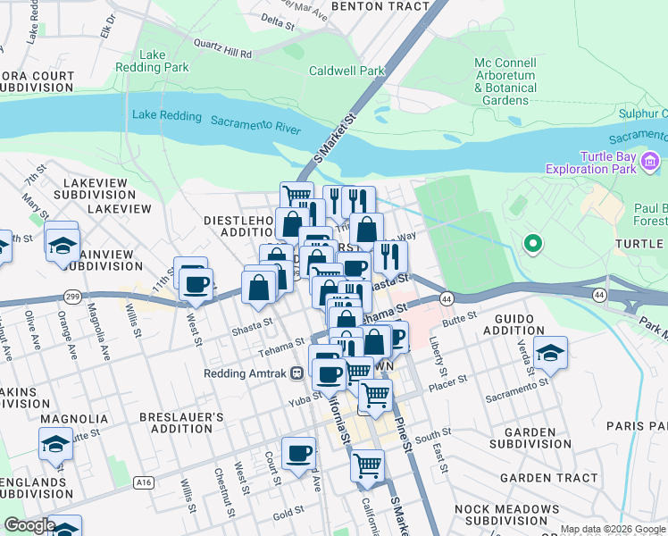 map of restaurants, bars, coffee shops, grocery stores, and more near 1325 Market-Pine Alley in Redding
