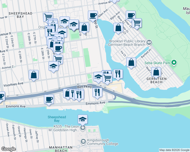 map of restaurants, bars, coffee shops, grocery stores, and more near 2701 Bragg Street in Brooklyn