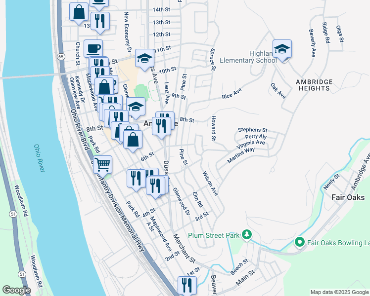 map of restaurants, bars, coffee shops, grocery stores, and more near 526 Pine Street in Ambridge