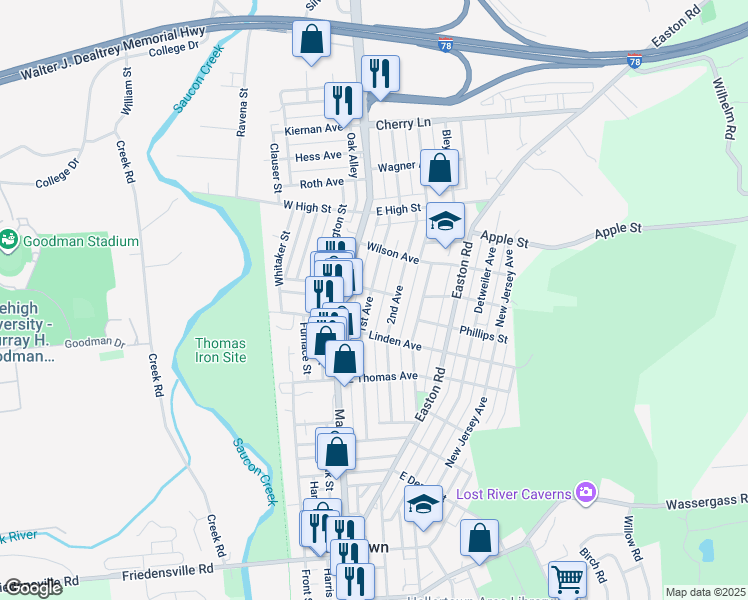 map of restaurants, bars, coffee shops, grocery stores, and more near 1243 1st Avenue in Hellertown